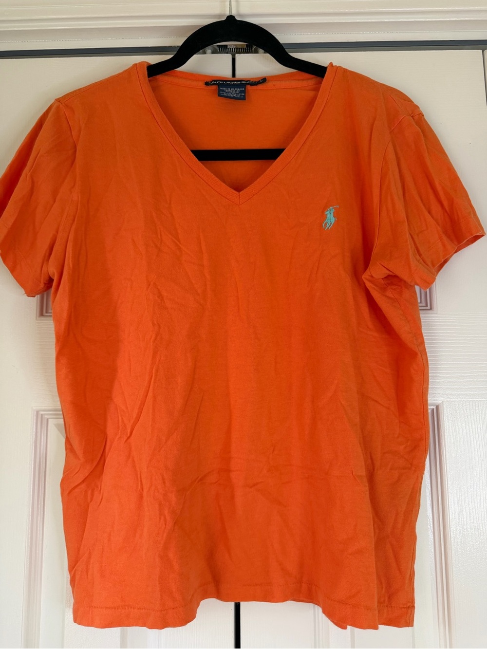 Ralph Lauren Bright Orange V-Neck Tee with Aqua Pony